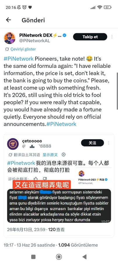 The image shows a screenshot of a social media post from a Twitter account named "PiNetwork Dünya" with an English-language caption that reads, "I spent 4 years in Türkiye trying to prevent people from being scammed, and I did it completely voluntarily without any reward. Now, am I going to scam my own people? Does it say anywhere there do this, do that?". The post is about a person named Selman Teykli who has posted an image of his bank account balance on Twitter.