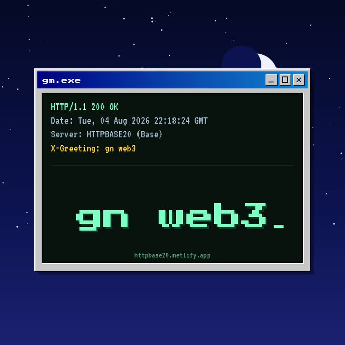 A retro Windows-style window titled "gm.exe" displays HTTP server response text "HTTP/1.1 200 OK", "X-Greeting: gn web3", and "gn web3." in green pixel font, with "httpbase20.netlify.app" below, set against a starry night background.