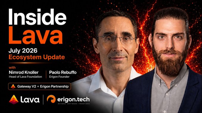 The image is a promotional graphic for "Inside Lava - July 2026 Ecosystem Update," featuring Nimrod Knoller (Head of Lava Foundation) and Paolo Rebuffo (Erigon Founder) alongside Lava and Erigon logos, highlighting the Gateway V2 + Erigon Partnership. It serves as the visual announcement for the milestone-driven post detailing Lava's record-breaking month, with ~$25,000 in RPC service fees and 52 active Providers achieving full organic fee coverage for the first time.