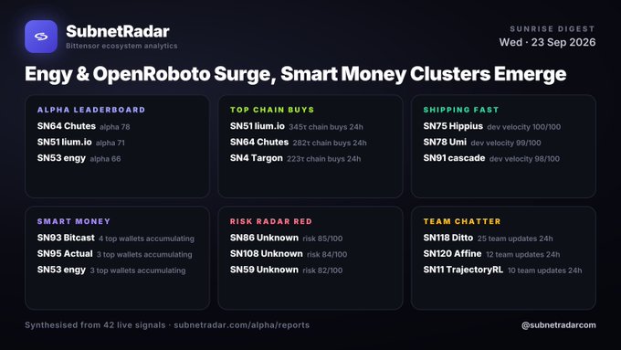 A 'SubnetRadar' analytics dashboard titled 'Engy & OpenRoboto Surge, Smart Money Clusters Emerge' displaying various subnet data categories including Alpha Leaderboard, Top Chain Buys, and Shipping Fast.