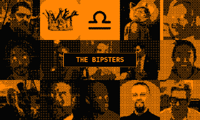 An orange-toned graphic titled "THE BIPSTERS" featuring a collage of various men's faces and icons like a crown and the Libra zodiac symbol.