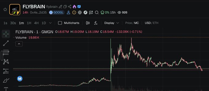 A cryptocurrency price chart showing the token "FLYBRAIN" (ticker: flybrain) on the GMGN platform. The chart displays trading data including a price of O18.67M, H19.05M, L18.19M, C18.54M, volume of 19.86K, and a -0.71% change over a 1-hour timeframe.