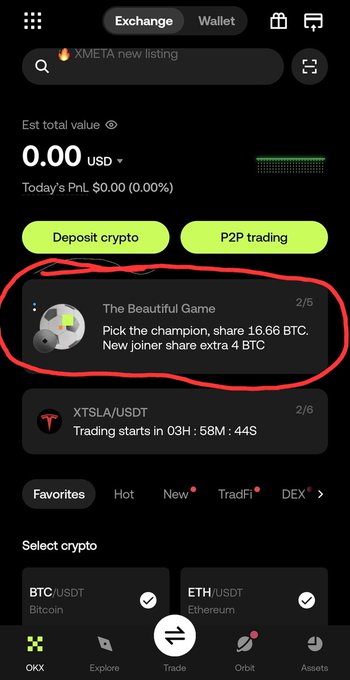 OKX Exchange app showing a promotional event circled in red: "The Beautiful Game" offering a 16.66 BTC prize pool with a 4 BTC bonus for new joiners, highlighting the reward opportunity advertised in the post.