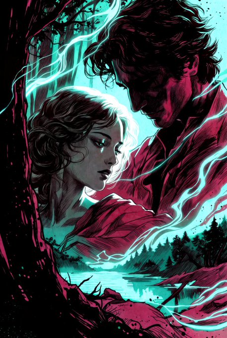 A stylized illustration of a man and woman in an intimate pose, rendered in bold red and teal tones with a forest background.