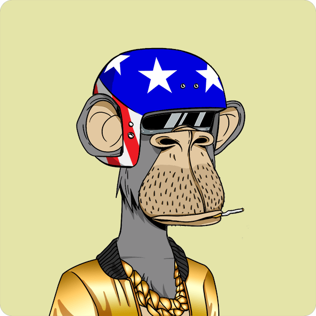 A cartoon illustration of a bored-looking monkey wearing an American flag-themed helmet with stars and stripes, dark sunglasses, a gold chain, and smoking.