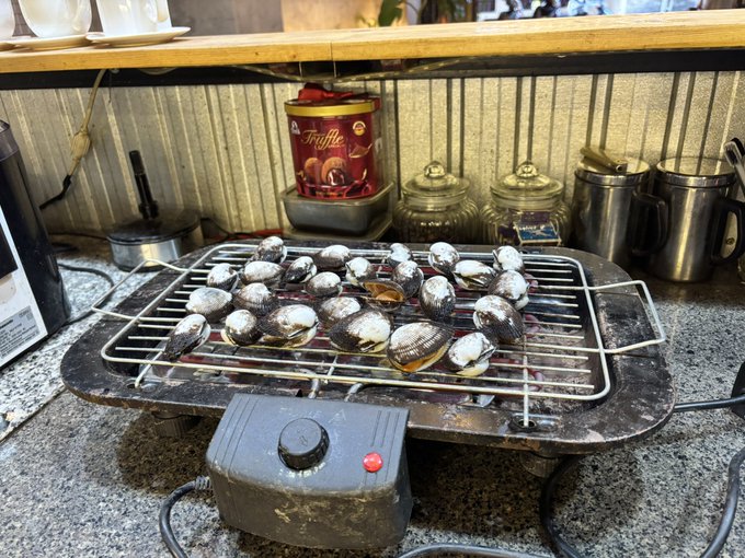 A portable electric grill is being used to roast shelled snails arranged on a wire rack, with various containers and jars visible behind it.