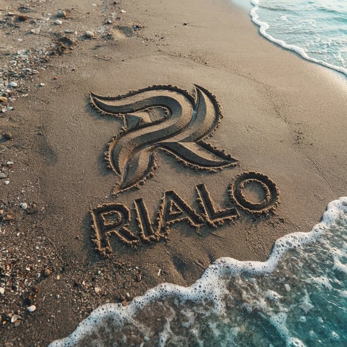 The Rialo logo and name are carved into dark beach sand as ocean waves wash up around the edges.