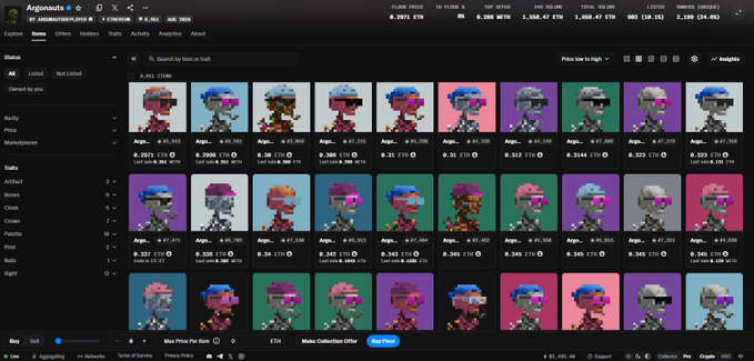 A screenshot of the OpenSea NFT marketplace displays a collection called 'Argonauts', featuring pixel-art characters with various traits like hats and backgrounds, priced in ETH.