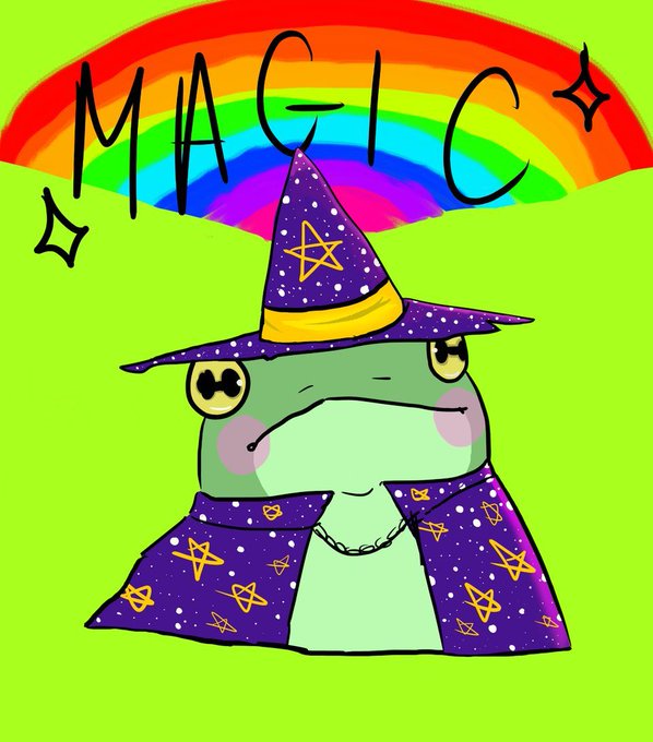 A colorful cartoon drawing of a green frog character wearing a purple wizard hat and cape with star patterns, set against a green background with a rainbow and the word 'MAGIC'.