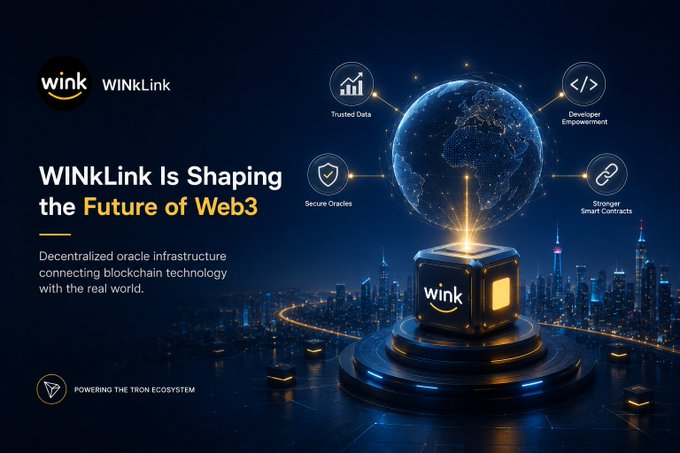A promotional graphic for 'WINkLink' describes it as 'Shaping the Future of Web3,' highlighting features like Trusted Data, Developer Empowerment, Secure Oracles, and Stronger Smart Contracts while powering the Tron ecosystem.
