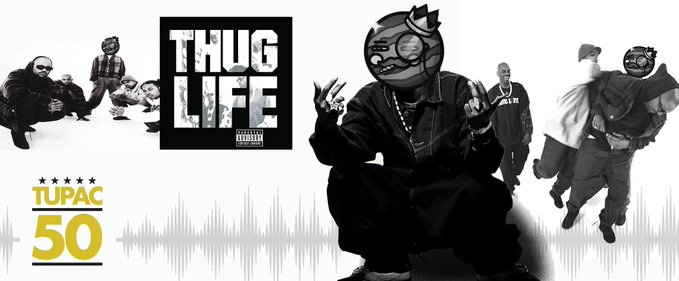 A black-and-white promotional graphic featuring Tupac's "Thug Life" album cover, masked figures, and "TUPAC 50" text alongside an audio waveform, fitting the post's edgy, rebellious tone from @SpaceRidersXYZ as the imagery embodies the "Thug Life" persona referenced in the caption.