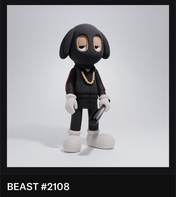 A figure of a black cartoonish dog character wearing a black tracksuit, gold chain, and white gloves, holding what appears to be a microphone or baton. The text "BEAST #2108" is displayed at the bottom, identifying this as a collectible art toy being welcomed into a new collection.