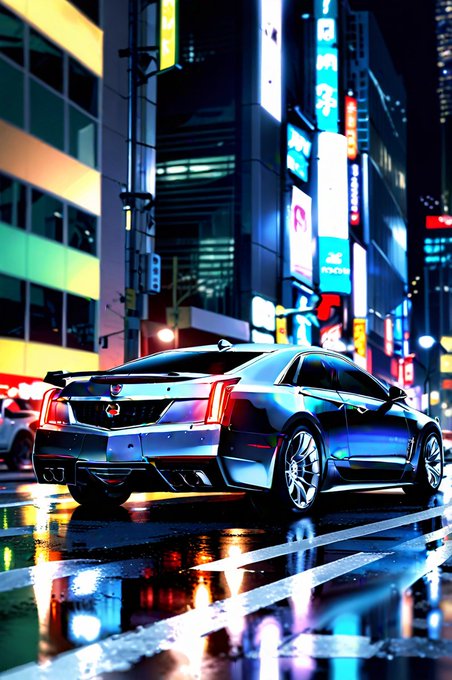 A sleek silver Cadillac sedan is parked on a rain-slicked city street at night, illuminated by vibrant neon signs in a futuristic urban setting resembling Tokyo.