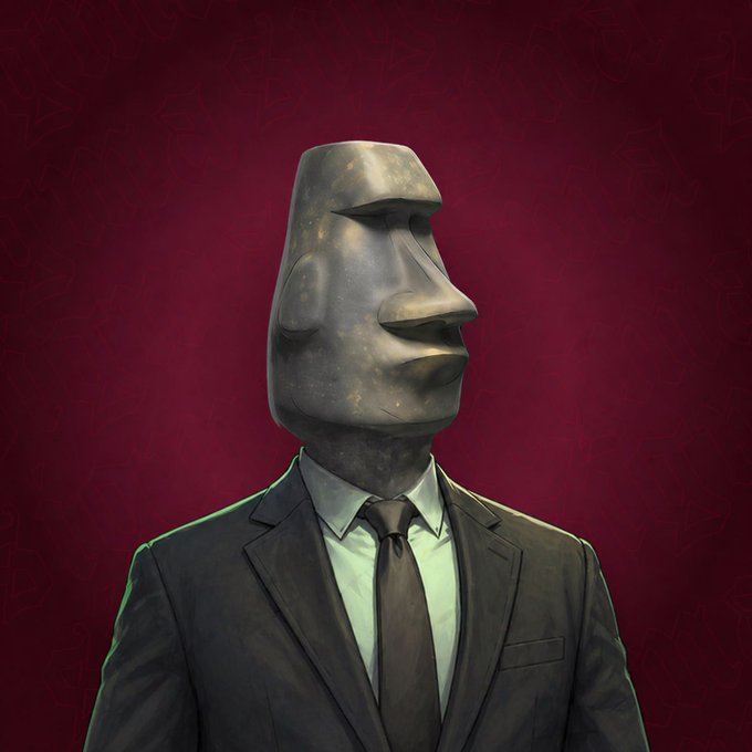 A digital illustration of a figure wearing a gray Moai-style stone head mask and a dark suit with a tie, set against a dark red textured background.