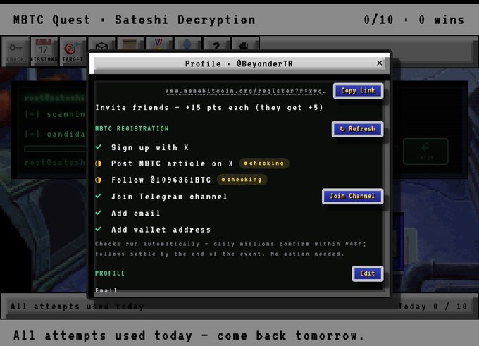 A screenshot of an MBTC Quest Satoshi Decryption interface showing a profile popup for '@BeyonderTR' with registration options, 'Copy Link' and 'Join Channel' buttons, and the message 'All attempts used today - come back tomorrow.'