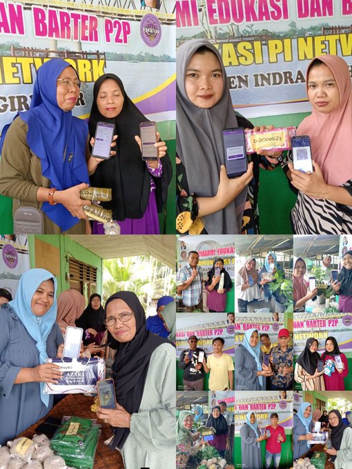 The image consists of several photos featuring women holding up cell phones, possibly for a charity event or fundraiser related to education about GCV and Pi. The photos show various people posing with their phones, displaying the charity's logo or message on them. The background of each photo is green, which could be an indication that it is being displayed at an event in Indonesia.
