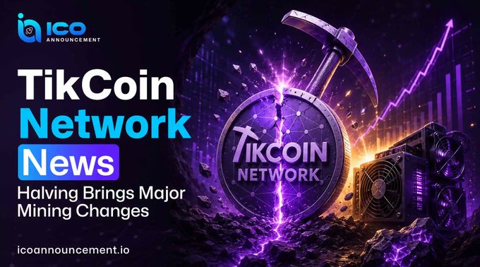 A promotional banner for TikCoin Network announces that the upcoming halving will bring major mining changes, featuring imagery of a pickaxe striking a Tikcoin-branded medallion alongside a rising chart and a mining rig. The graphic, branded with the ICO Announcement logo, ties directly to the accompanying news update about mining rewards, TikWallet safety, KYC requirements, and listing targets.