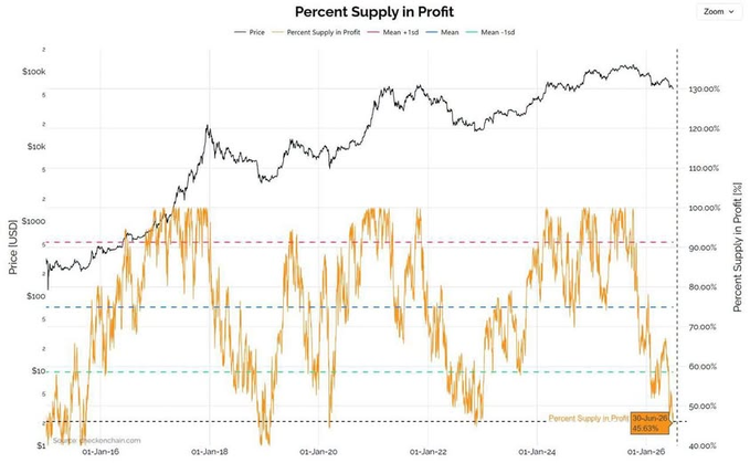 A line chart titled "Percent Supply in Profit" tracking Bitcoin's price (black line, left axis in USD) against the percentage of BTC supply in profit (orange line, right axis) from January 2016 to January 2026, showing the profitability indicator currently at 45.63%—a level last seen in November 2022 following the FTX collapse when BTC bottomed around $15K.