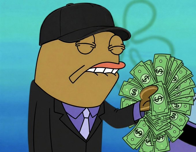 A cartoon fish character in a suit and backwards cap smirks while fanning a stack of dollar bills marked with "$" symbols, with green squiggly lines suggesting a foul odor emanating from the money—poking fun at a "reply guy" eagerly anticipating his Saturday paycheck.