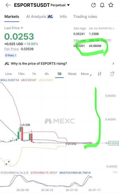 A cryptocurrency trading screen from MEXC showing the ESPORTS/USDT Perpetual pair priced at 0.0253 USD (+19.89%), with a green hand-drawn circle highlighting the 24H Low (0.02001) and 24H Vol (44.684M).