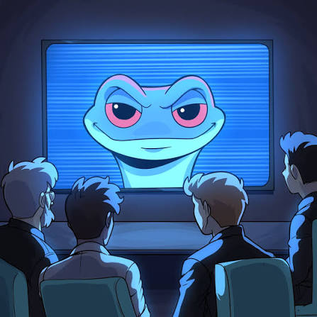 An illustration of four people in business attire seated in a darkened room, viewed from behind, watching a large screen displaying an angry blue snake-like creature with red eyes against a blue static background.