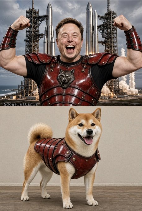 An AI-generated meme image showing Elon Musk flexing muscles in red armor with rockets behind him on top, and a Shiba Inu dog wearing similar armor below, credited to '@doge_albania'.