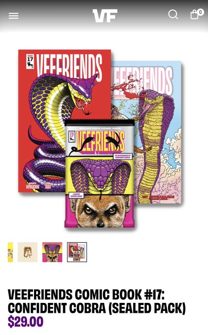 A mobile storefront page displays 'VEEFRIENDS COMIC BOOK #17: CONFIDENT COBRA (SEALED PACK)' priced at $29.00, showing comic covers and trading cards featuring cobra and fox characters.