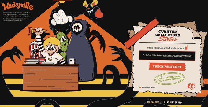 The 'Wackyville' website featuring cartoon characters including a grim reaper and a boy with popcorn, advertising a NFT curated collectors status with a whitelist signup form.