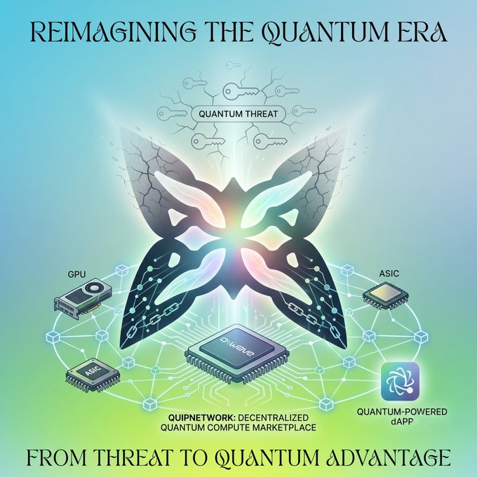 A butterfly graphic is used for promoting Quantum Computing. The butterfly has an open eye symbol at its center representing Quantum Computers' ability to process information faster than classical computers. In addition, a quarter-circle symbol is placed beneath the butterfly signifying that Quantum computing can offer increased computing power by harnessing the properties of entangled particles or qubits. This advertisement uses imagery and symbolic elements to emphasize the potential benefits of Quantum Computing in disrupting traditional technology industries like Cryptocurrency.