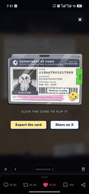A screenshot from a social media post showing a digital "DEPARTMENT OF FOMO - OFFICE OF INTAKE AND CLASSIFICATION" visitor ID card for the account @ridoy7662017995. The caption area reads 'CLICK THE CARD TO FLIP IT' with buttons to 'Export the card' and 'Share on X' for the account 'fomies.family'.