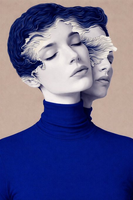 An artistic portrait of a pale woman with closed eyes wearing a blue turtleneck, featuring her sculpted hair flowing into layered blue and beige wave patterns, with a second face emerging from behind.