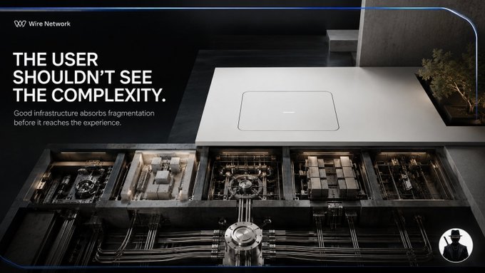 A clean white interface sits above an intricate, mechanical-looking infrastructure of pipes and circuitry, illustrating Wire Network's tagline "THE USER SHOULDN'T SEE THE COMPLEXITY. Good infrastructure absorbs fragmentation before it reaches the experience" — visually reinforcing the post's message about hiding blockchain fragmentation behind a seamless user experience.