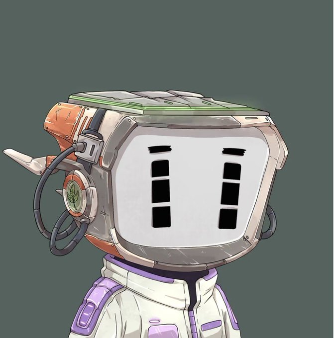 An illustration of a character with a large, boxy, retro-tech helmet featuring a digital-style face display, wearing a white and purple suit.
