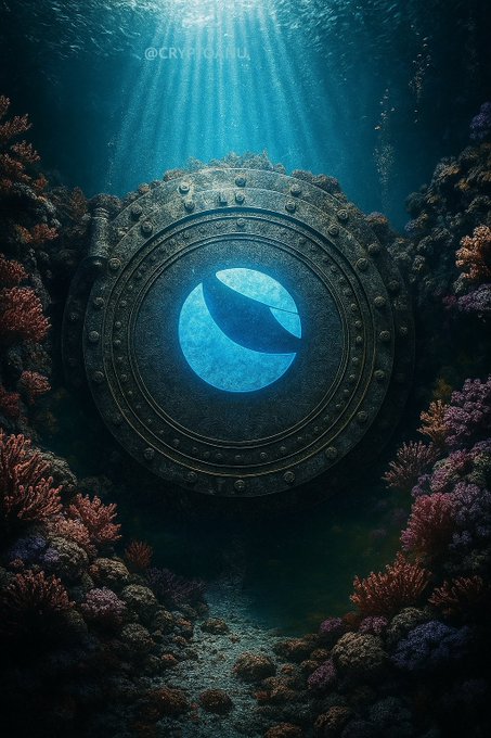 An ornate porthole embedded in a vibrant coral reef reveals a glowing terra-shaped symbol as sunlight streams through the ocean depths, with "@CRYPTOHIL" watermarked near the top. The image mirrors the post's metaphor of light breaking through even the darkest depths, symbolizing the crypto community's resilience and optimism during a bull market.