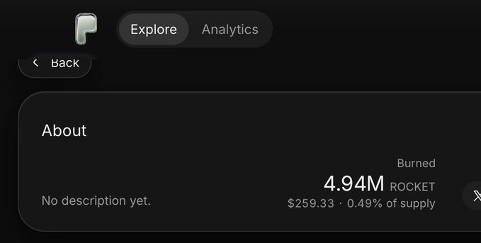 A dark-themed app interface showing Explore and Analytics tabs with a 'Burned' counter displaying 4.94M ROCKET at $259.33 (0.49% of supply).