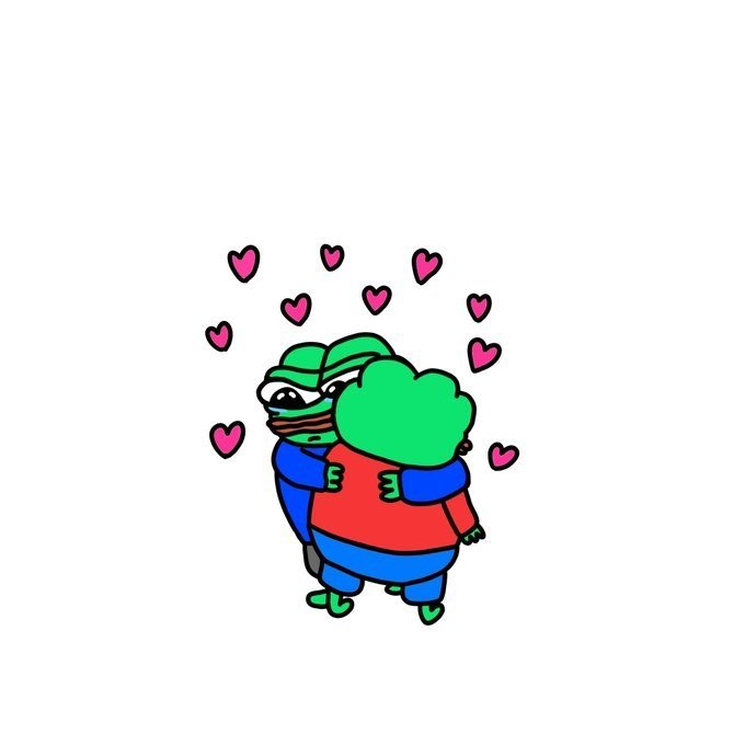 A cartoon drawing of two green, frog-like characters hugging, surrounded by floating pink hearts.