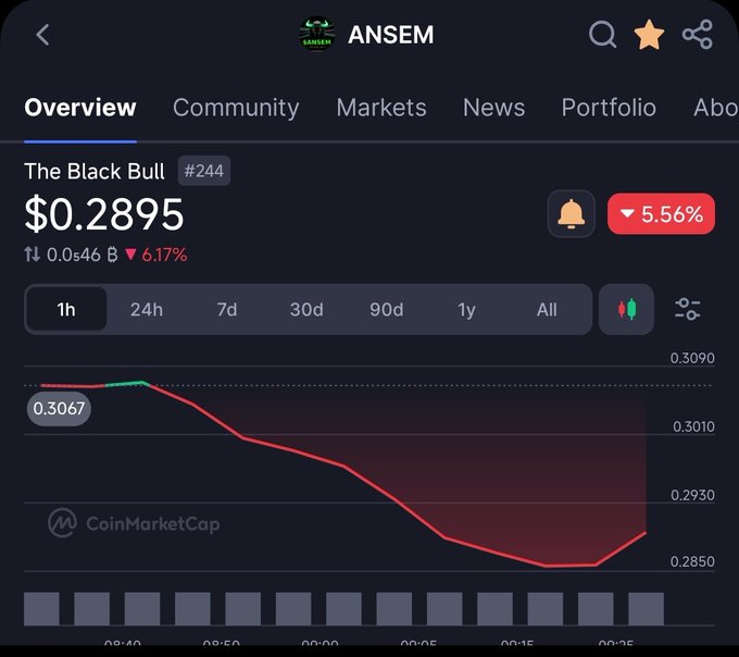 A CoinMarketCap chart on the ANSEM platform showing 'The Black Bull #244' token priced at $0.2895, down 5.56% with a declining red price trend line.