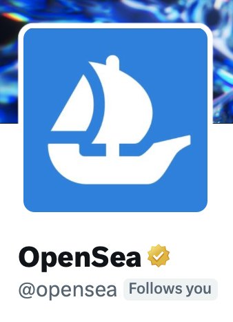 The OpenSea app profile page showing their blue logo with a white sailboat, the username '@opensea', and a 'Follows you' tag.