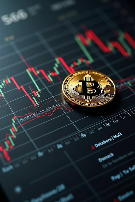 A physical Bitcoin coin rests on a digital candlestick price chart with red and green bars.