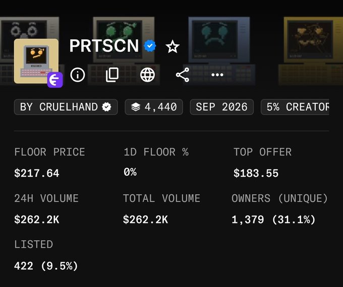 A digital collectible marketplace listing for 'PRTSCN' by CRUELHAND with 4,440 items, showing a floor price of $217.64, 24H volume of $262.2K, and 1,379 unique owners.