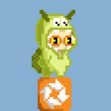 A pixel art green caterpillar-like creature with antennae stands atop an orange cube featuring a white "B" logo, set against a light blue background, representing the "Chumlin" character mentioned in the post about the upcoming BugzMint allocation on @unvault.