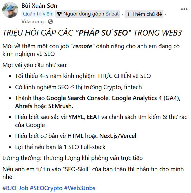 A Vietnamese Facebook post by Bùi Xuân Sơn recruiting an experienced remote SEO specialist for the Web3 sector, detailing requirements such as 4-5 years of experience, familiarity with Crypto/fintech SEO, and proficiency with tools like Google Analytics 4 and Ahrefs.