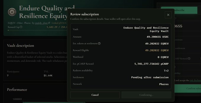 A screenshot of a 'Review subscription' popup for the 'Endure Quality and Resilience Equity Vault' showing a subscription amount of 49.268655 USDC with a washboard of 0 EQREV.