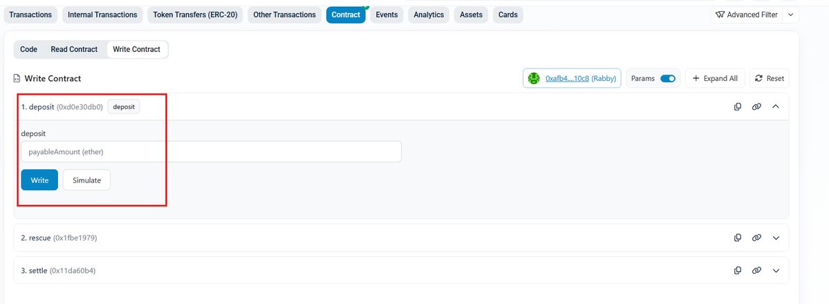 A blockchain explorer 'Write Contract' page showing the deposit function (0xd0e30db0) for the 0xafb4_10c8 (Rabby) contract, with a red box highlighting the deposit input field and Write/Simulate buttons.