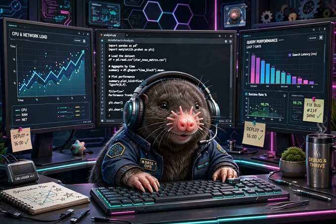 An AI-generated image of a mole wearing headphones and a blue jacket, sitting at a desk with multiple computer monitors displaying code and performance graphs.