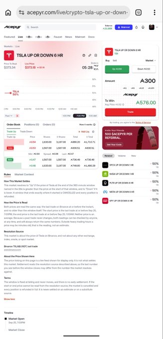 A screenshot of the acepyr.com trading platform showing the TSLA UP OR DOWN 6 HR market with prices around $373.94, an order book, and 'How This Market Settles' rules for forecasting Tesla's price.