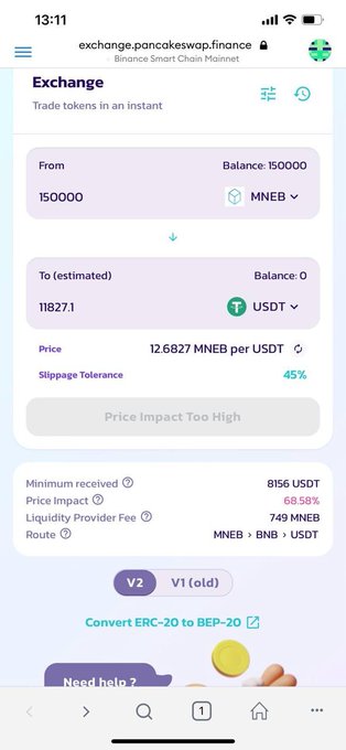A mobile screenshot of the PancakeSwap exchange showing a swap of 150,000 MNEB to an estimated 11,827.1 USDT at a price of 12.6827 MNEB per USDT, with a warning that the Price Impact is Too High at 68.58%.