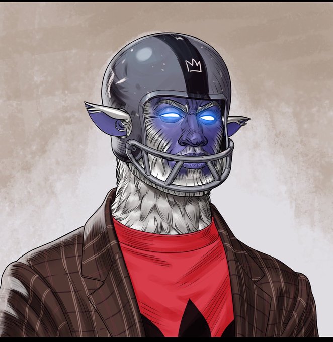 A stylized illustration of an anthropomorphic sheep/goat character wearing a gray football helmet with a crown symbol, a plaid blazer, and a red shirt.