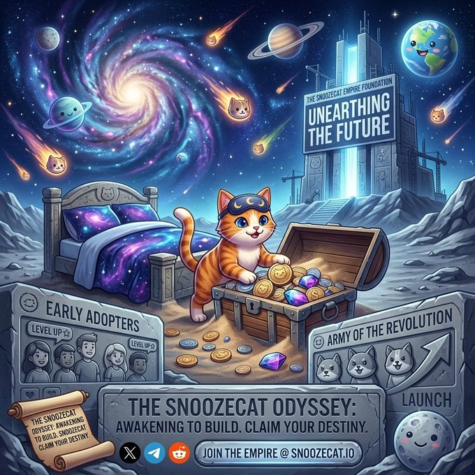 A digital illustration for 'THE SNOOZECAT ODYSSEY: AWAKENING TO BUILD. CLAIM YOUR DESTINY.' showing a cat astronaut beside a treasure chest of coins, with sections labeled 'EARLY ADOPTERS', 'ARMY OF THE REVOLUTION', and 'LAUNCH', promoting join the empire @ SNOOZECAT.IO.