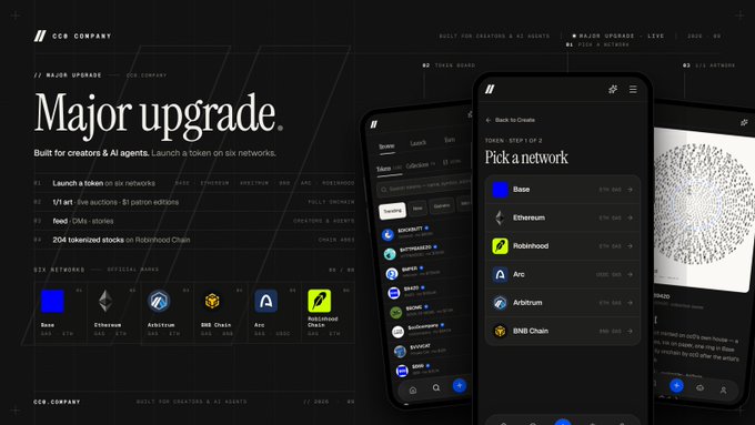 A promotional graphic for 'CCB COMPANY' announcing a 'Major upgrade' featuring screenshots of a mobile app interface titled 'Pick a network' with options including Base, Ethereum, Robinhood, Arc, Arbitrum, and BNB Chain.